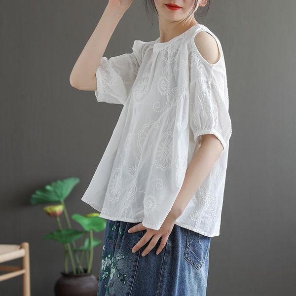 women's t-shirt literary and art round neck off-the-shoulder cotton female summer retro embroidered wild temperament was thin top, White
women's t-shirt literary and art round neck off-the-shoulder cotton female summer retro embroidered wild temperament was thin top, White