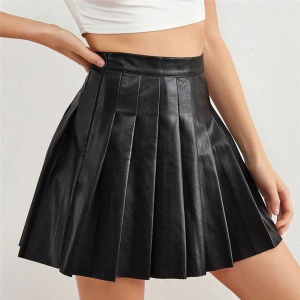 skirts female mini fashion pu leather solid color short underskirt ladies' elastic high waisted pleated skirt costume#f3, Black 
skirts female mini fashion pu leather solid color short underskirt ladies' elastic high waisted pleated skirt costume#f3, Black