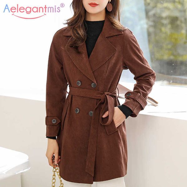aelegantmis suede fabric double breasted casual long trench coat with belt women chic autumn clothes stylish windbreaker outwear 210607, Tan;black
aelegantmis suede fabric double breasted casual long trench coat with belt women chic autumn clothes stylish windbreaker outwear 210607, Tan;black