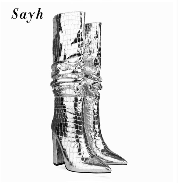 fashion women knee high boots pointed toe heels silver pleated modern stripper runway shoes, Black
fashion women knee high boots pointed toe heels silver pleated modern stripper runway shoes, Black