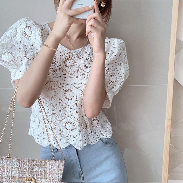 women's t-shirt 2021 summer style v-neck hollow crochet carefully machine thin transparent loose puff sleeve shirt women, White
women's t-shirt 2021 summer style v-neck hollow crochet carefully machine thin transparent loose puff sleeve shirt women, White