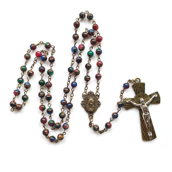 vintage big cross catholic necklace colorful stone strand necklace for men women religious jewelry, Silver 
vintage big cross catholic necklace colorful stone strand necklace for men women religious jewelry, Silver