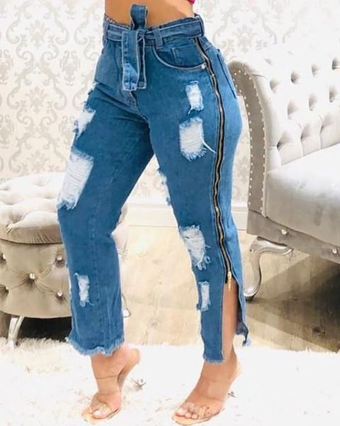 women's jeans fashion zipper design ripped tassel hem denim trousers spring and autumn solid color straight-leg, Blue
women's jeans fashion zipper design ripped tassel hem denim trousers spring and autumn solid color straight-leg, Blue