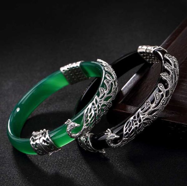 bangle hand-carved 925 sterling silver peacock green chalcedony retro high-grade for women inlaid thai opening bracelet, Black
bangle hand-carved 925 sterling silver peacock green chalcedony retro high-grade for women inlaid thai opening bracelet, Black