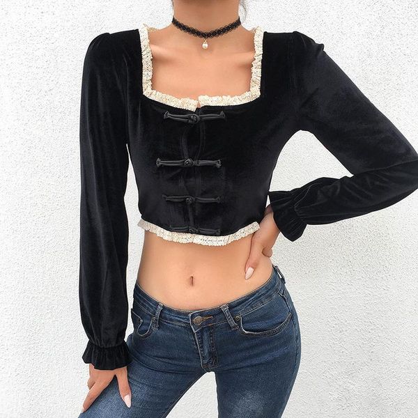 women's t-shirt lady lace patchwork short length buckle chinese style gothic tshirt women black square collar velvet t shirt 2021 sprin, White
women's t-shirt lady lace patchwork short length buckle chinese style gothic tshirt women black square collar velvet t shirt 2021 sprin, White