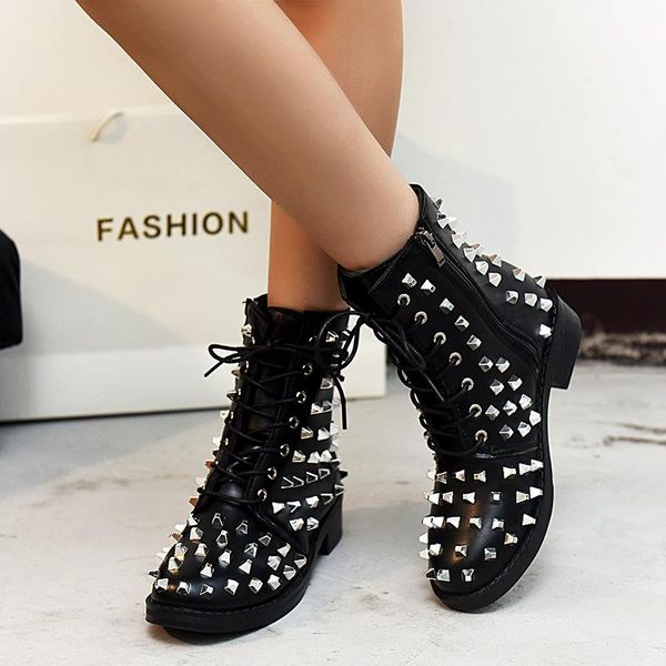 boots rivet shoes women's autumn and winter women round toe leather side zipper, Black 
boots rivet shoes women's autumn and winter women round toe leather side zipper, Black