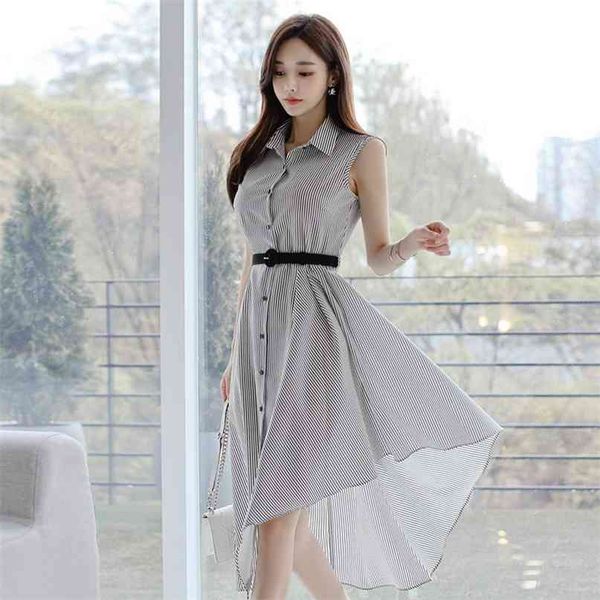 women dress summer elegant casual striped print shirt turn-down collar sleeveless irregular midi with belt 210603, Black;gray
women dress summer elegant casual striped print shirt turn-down collar sleeveless irregular midi with belt 210603, Black;gray
