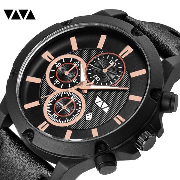 

wristwatches vava voom sport men watches waterproof black fashion mens quartz wristwatch leather breathable strap calendar clock reloj hombr, Slivery;brown