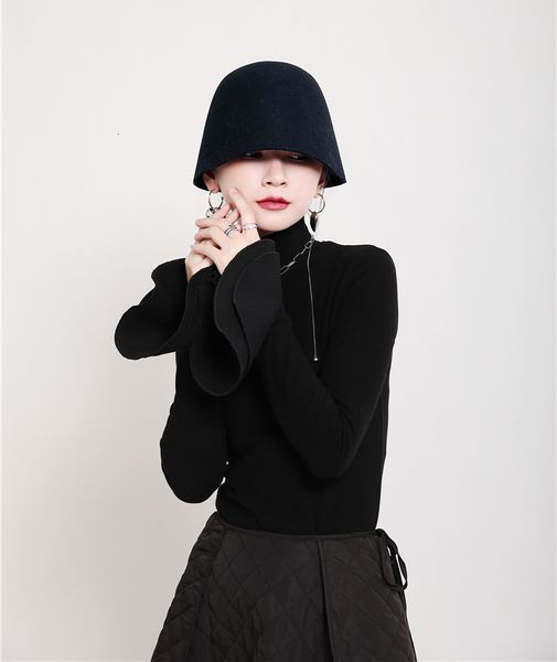 hoodies Msxu women's clothing three-dimensional layered trumpet sleeves thin turtleneck high winter shirt, Black