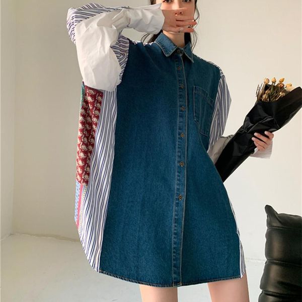 women's blouses & shirts plus size spring denim turn-down collar print patchwork stripe printing clothing mid-length loose shirt long s, White
women's blouses & shirts plus size spring denim turn-down collar print patchwork stripe printing clothing mid-length loose shirt long s, White