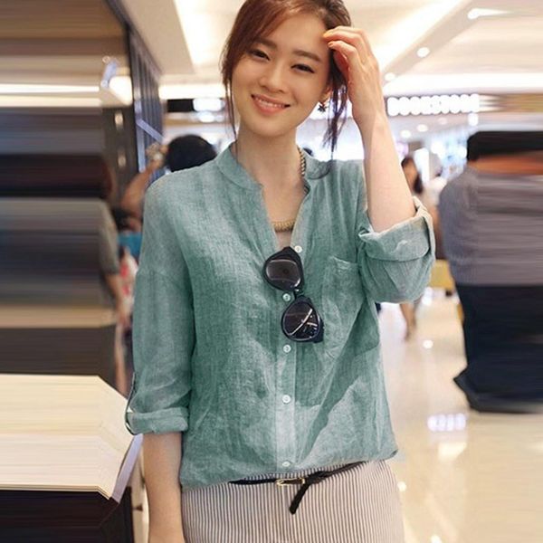 and casual women shirt three quarter sleeve stand linen solid ropa mujer, White
and casual women shirt three quarter sleeve stand linen solid ropa mujer, White