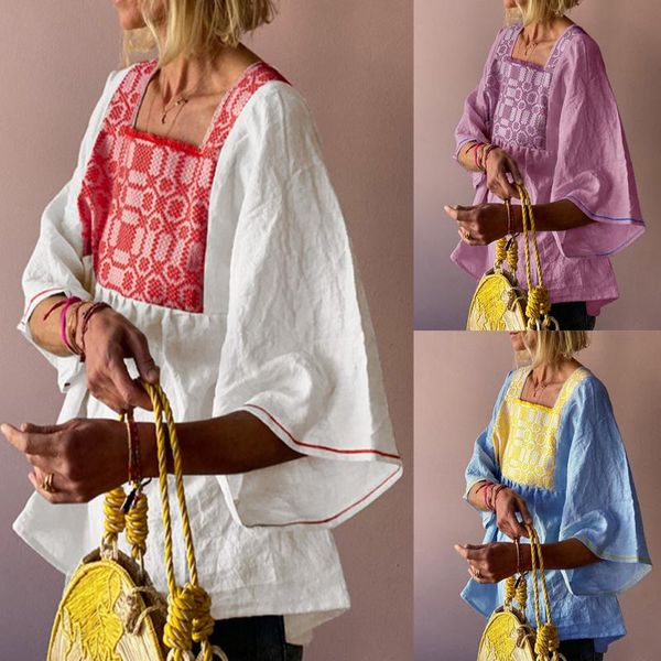 women's blouses & shirts women summer blouse cotton linen comfy tunic ethnic printed splicing square collar flared half sleeve casual, White
women's blouses & shirts women summer blouse cotton linen comfy tunic ethnic printed splicing square collar flared half sleeve casual, White