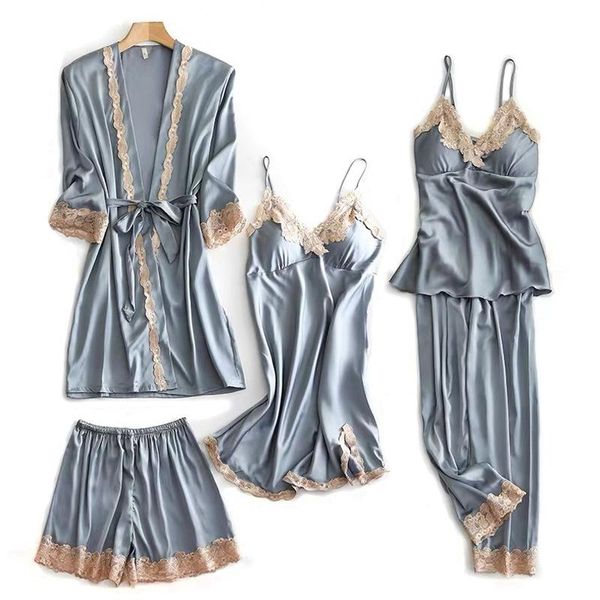 pajamas five piece spring and autumn women's summer silk robe with suspender nightdress bra sleepwear, Black;red
pajamas five piece spring and autumn women's summer silk robe with suspender nightdress bra sleepwear, Black;red