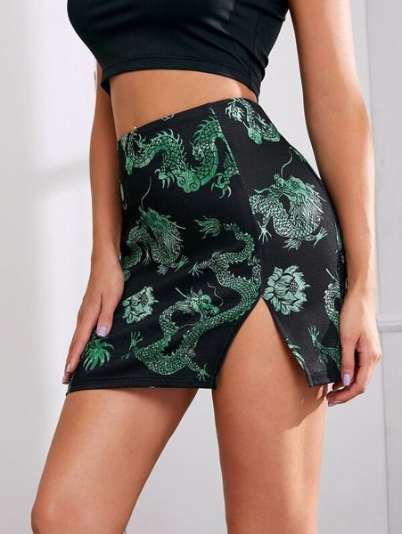 fashionable short 2021 summer women's dragon print slim high waist skirt, Black
fashionable short 2021 summer women's dragon print slim high waist skirt, Black