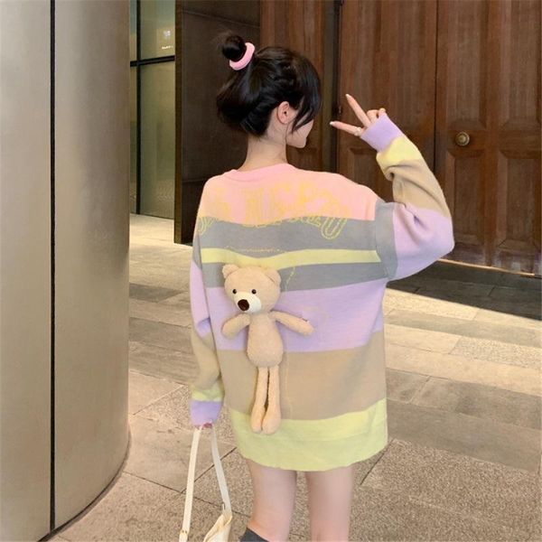 women's sweaters japanese style sweet rainbow stripe women autumn winter removable bear sweater o-neck loose knitting 901, White;black
women's sweaters japanese style sweet rainbow stripe women autumn winter removable bear sweater o-neck loose knitting 901, White;black