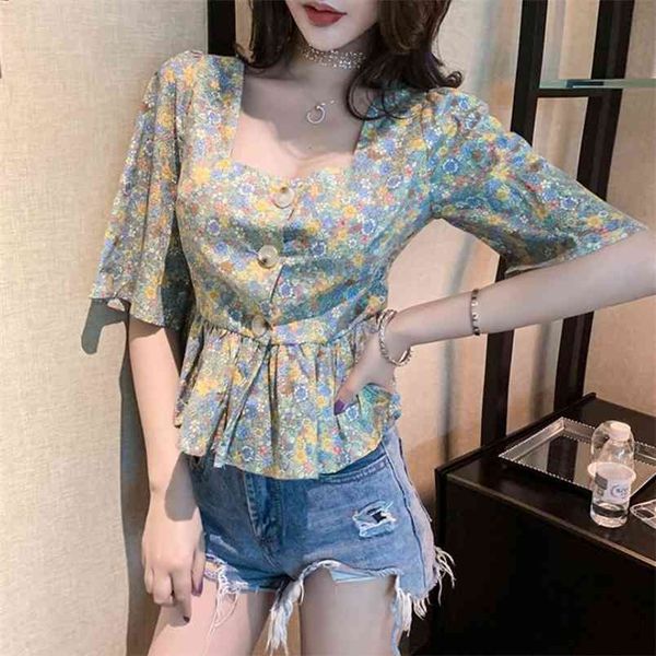 korean fashion temperament flowers square neck short sleeve ruffles women blouses slim waist single breasted chic 210519, White
korean fashion temperament flowers square neck short sleeve ruffles women blouses slim waist single breasted chic 210519, White