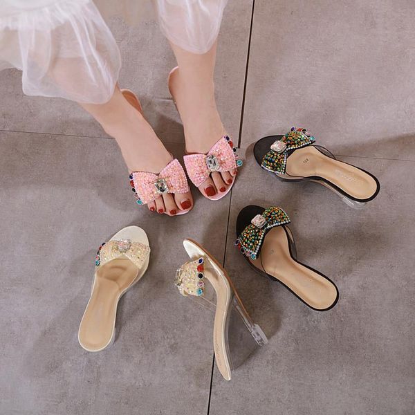 women's shoes summer all-match transparent color diamond slope with crystal slippers, Black
women's shoes summer all-match transparent color diamond slope with crystal slippers, Black