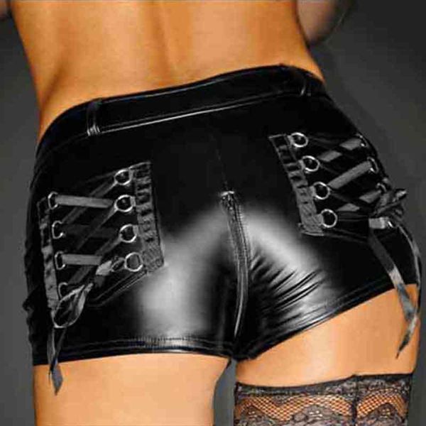 black wetlook vinyl leather women shorts crotch zipper skinny night clubwear punk pole dance with lace up pocket, White;black
black wetlook vinyl leather women shorts crotch zipper skinny night clubwear punk pole dance with lace up pocket, White;black