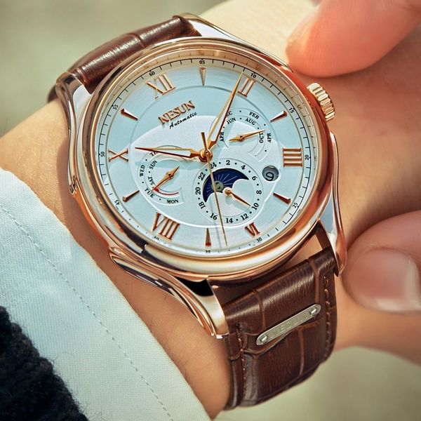 switzerland nesun automatic mechanical watch man moon phase men's watches luminous hands sapphire waterproor n9030 wristwatches, Slivery;brown
switzerland nesun automatic mechanical watch man moon phase men's watches luminous hands sapphire waterproor n9030 wristwatches, Slivery;brown