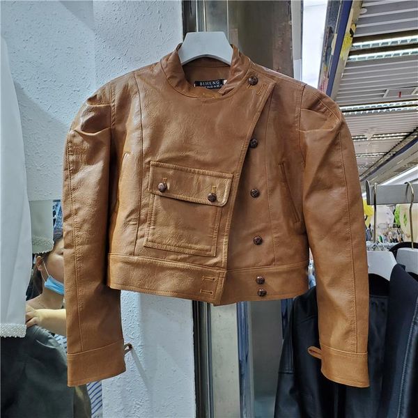 women's leather & faux vintage short puff sleeve pu coat autumn stand collar single-breasted long streetwear female biker bomber jacket, Black
women's leather & faux vintage short puff sleeve pu coat autumn stand collar single-breasted long streetwear female biker bomber jacket, Black