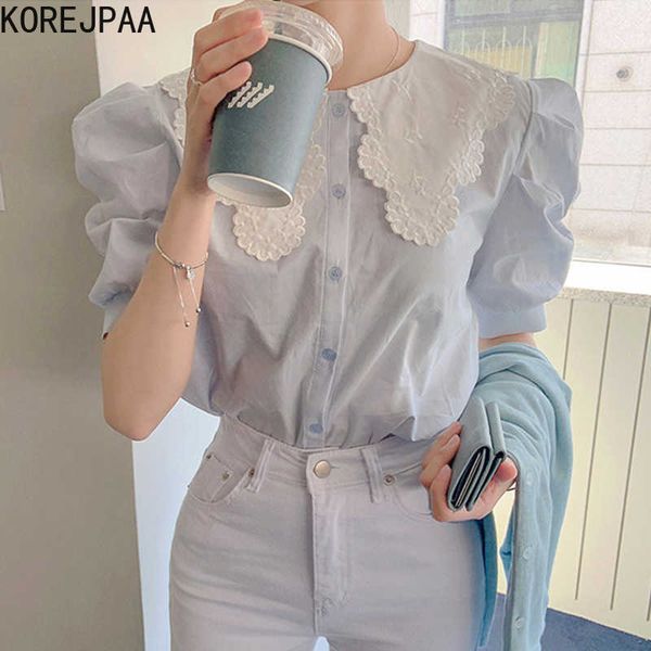 korejpaa women shirt summer korean chic gentle soft blue embroidery large lapel single-breasted loose puff sleeve blouses 210526, White
korejpaa women shirt summer korean chic gentle soft blue embroidery large lapel single-breasted loose puff sleeve blouses 210526, White