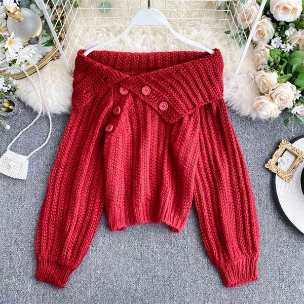 women's sweater knit outer wear button cross slash neck lantern sleeve off-shoulder knitted female pullovers pl458 210506, White;black
women's sweater knit outer wear button cross slash neck lantern sleeve off-shoulder knitted female pullovers pl458 210506, White;black