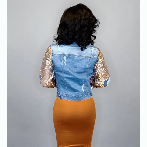 est women sequins denin patchwork jackets spring fashion turn down neck washed holes cool girls short club streetwear casual coats, Black;brown
est women sequins denin patchwork jackets spring fashion turn down neck washed holes cool girls short club streetwear casual coats, Black;brown