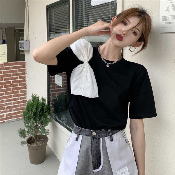 casual o neck black short sleeve bow tshirts women summer chic wild bottom clothing white tees fashion high street 210610
casual o neck black short sleeve bow tshirts women summer chic wild bottom clothing white tees fashion high street 210610