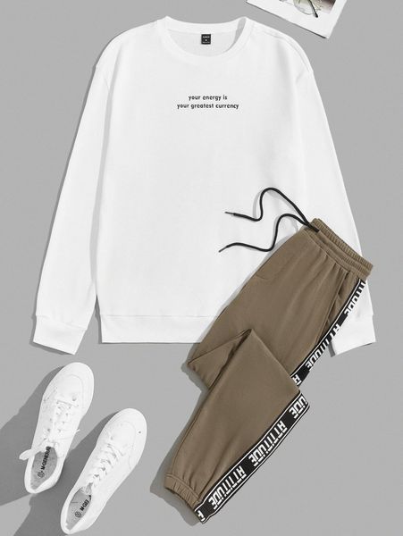 men drop shoulder slogan pattern pullover & drawstring waist striped side sweatpants z4yv#, Gray
men drop shoulder slogan pattern pullover & drawstring waist striped side sweatpants z4yv#, Gray