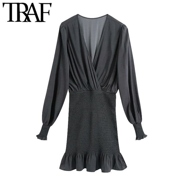 traf women chic fashion elastic smocked hem ruffled mini dress vintage v neck long sleeve female dresses vestidos mujer 210415, Black;gray
traf women chic fashion elastic smocked hem ruffled mini dress vintage v neck long sleeve female dresses vestidos mujer 210415, Black;gray