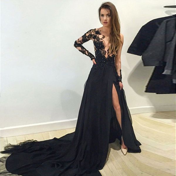 deep v neck split lace evening dresses long sleeves appliqued court train tulle formal prom party gowns robe de soiree, Black;red
deep v neck split lace evening dresses long sleeves appliqued court train tulle formal prom party gowns robe de soiree, Black;red
