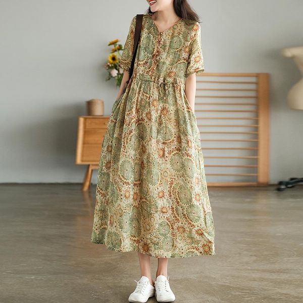 party dresses green elegant women shirt vintage print floral ramie v-neck drawstring waist summer pockets 2021, White;black
party dresses green elegant women shirt vintage print floral ramie v-neck drawstring waist summer pockets 2021, White;black