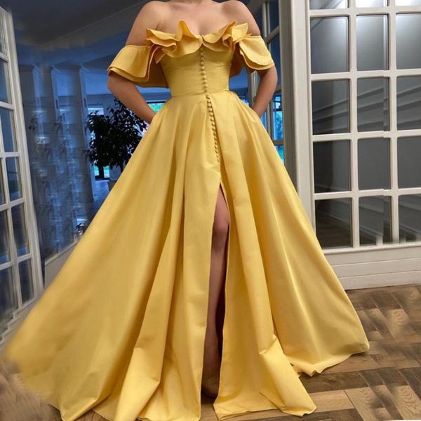 party dresses golden yellow formal gown side sleeves dress prom evening long satin a line ruffle off shoulder slit buttons, White;black
party dresses golden yellow formal gown side sleeves dress prom evening long satin a line ruffle off shoulder slit buttons, White;black