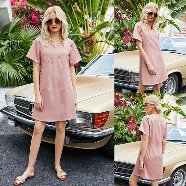 ins summer new fresh sweet pink a- line dress small v-neck loose dress short sleeve mid waist dress, White;black
ins summer new fresh sweet pink a- line dress small v-neck loose dress short sleeve mid waist dress, White;black