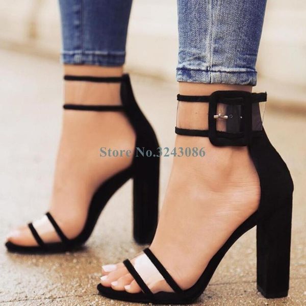 open toe single strap thick high heels sandals pvc transparency buckle black red suede covered edge summer shoes
open toe single strap thick high heels sandals pvc transparency buckle black red suede covered edge summer shoes