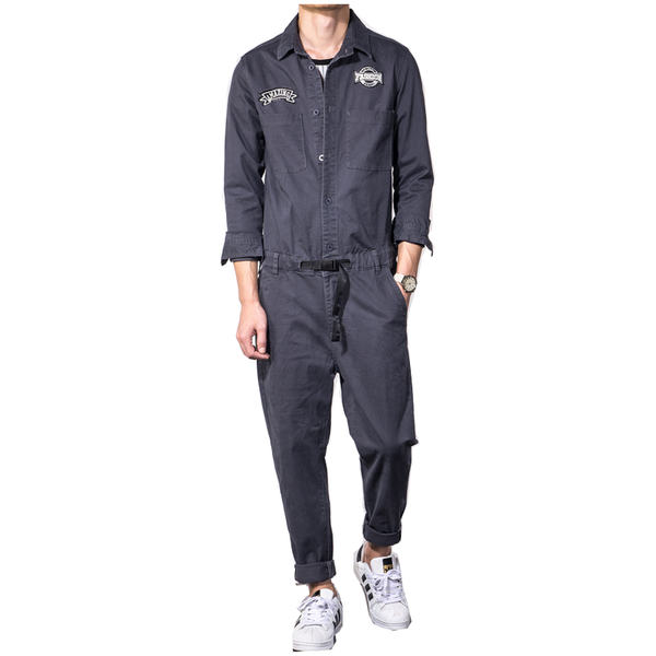 men's denim overalls japanese and korean lapel long-sleeved streetwear dark gray text embroidery fashion casual jeans, Blue
men's denim overalls japanese and korean lapel long-sleeved streetwear dark gray text embroidery fashion casual jeans, Blue