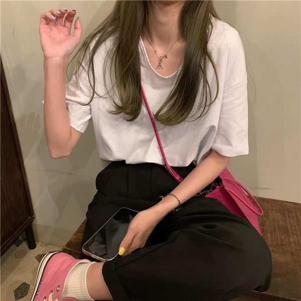 women's t-shirt ytx1195 2021 loose lazy casual basic asymmetrical short-sleeved, White
women's t-shirt ytx1195 2021 loose lazy casual basic asymmetrical short-sleeved, White