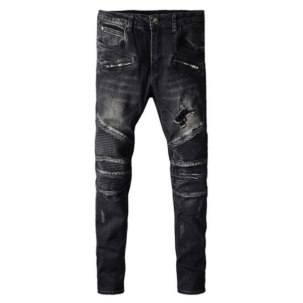 men's jeans american street fashion men elastic retro black gray slim ripped biker leather patched designer denim punk pants, Blue
men's jeans american street fashion men elastic retro black gray slim ripped biker leather patched designer denim punk pants, Blue