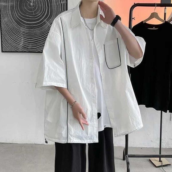 men's casual shirts summer short-sleeved fashion blue black white men streetwear korean loose mens dress -2xl jzng, White;black
men's casual shirts summer short-sleeved fashion blue black white men streetwear korean loose mens dress -2xl jzng, White;black