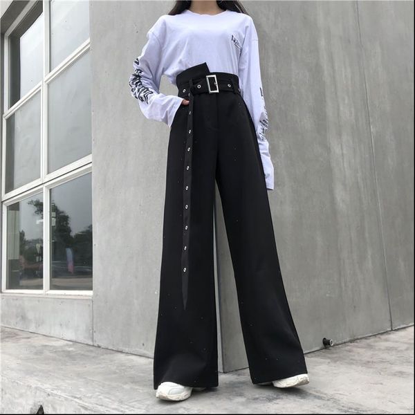 women capri korean street fashion bell bottom pants harajuku gothic high waist wide leg casual loose belt black trousers, Black;white
women capri korean street fashion bell bottom pants harajuku gothic high waist wide leg casual loose belt black trousers, Black;white