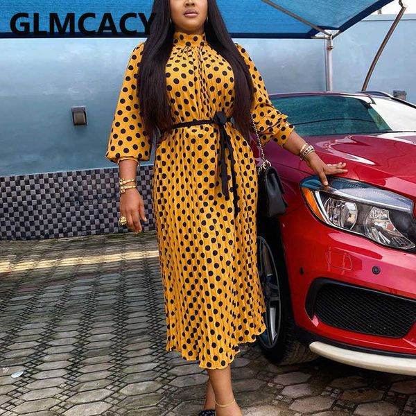 polka dot printed pleated midi dress classy chic spring fall dresses 210702, Black;gray