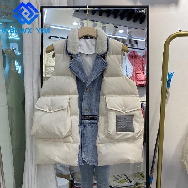 women's vests fashion denim spliced vest women sleeveless winter down jackets pocket fur collar cotton coat female loose warm waistcoat, Black;white
women's vests fashion denim spliced vest women sleeveless winter down jackets pocket fur collar cotton coat female loose warm waistcoat, Black;white