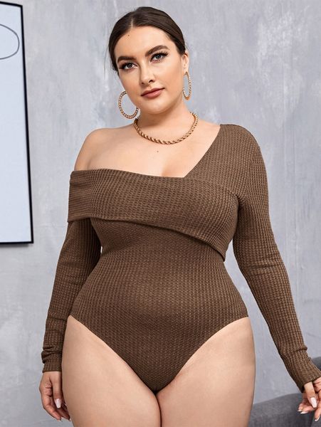 plus fold asymmetrical neck waffle knit bodysuit z3le#, Black 
plus fold asymmetrical neck waffle knit bodysuit z3le#, Black