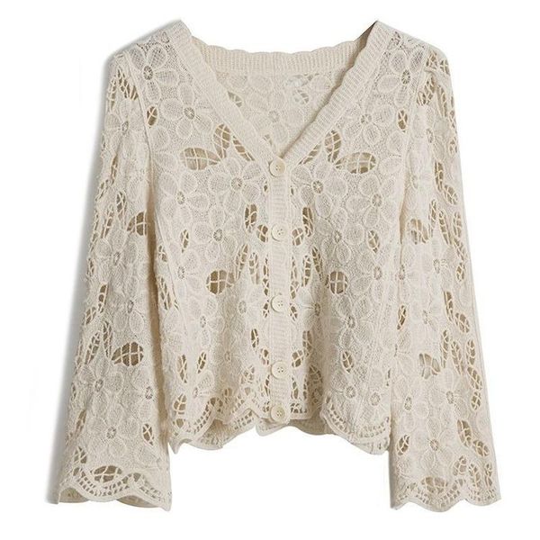 women's knits & tees hollow out knitted solid women cardigan autumn 2021 v-neck flare sleeved loose casual all match female outwear, White
women's knits & tees hollow out knitted solid women cardigan autumn 2021 v-neck flare sleeved loose casual all match female outwear, White
