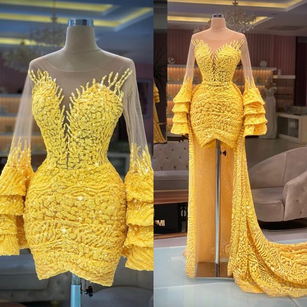 yellow short prom dresses with detachable train long sleeve vestidos de fiesta beaded a line custom made women evening gowns, Black;red
yellow short prom dresses with detachable train long sleeve vestidos de fiesta beaded a line custom made women evening gowns, Black;red