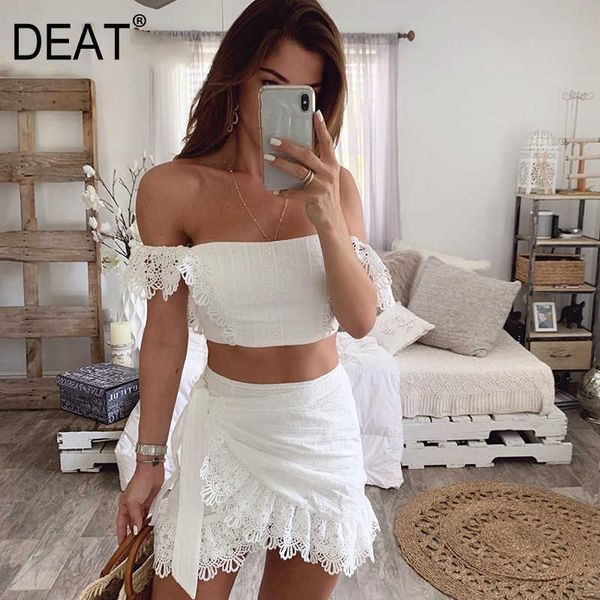 deat summer white lace hollow out bandage bodycon slash neck short mini skirt two piece set women outfits mi629 210708
deat summer white lace hollow out bandage bodycon slash neck short mini skirt two piece set women outfits mi629 210708