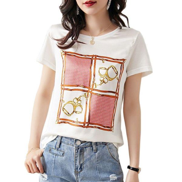 women's t-shirt spring and summer 2021 comfortable round neck silk printed cotton short-sleeved jacket chic fashion, White
women's t-shirt spring and summer 2021 comfortable round neck silk printed cotton short-sleeved jacket chic fashion, White