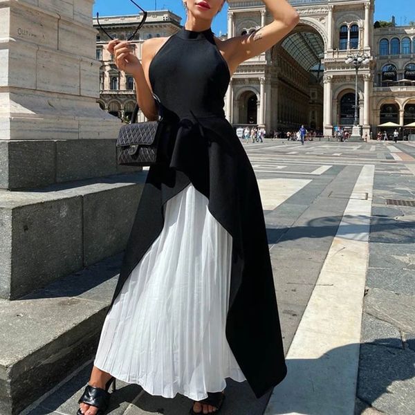 color bock evening dress sleeveless halter neck party dress patchwork women elegant pleated maxi long dresses, White
color bock evening dress sleeveless halter neck party dress patchwork women elegant pleated maxi long dresses, White
