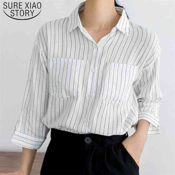 casual striped ladies clothing korean fashion blusas mujer de moda three-quarter office blouse women 5250 50 210506, White 
casual striped ladies clothing korean fashion blusas mujer de moda three-quarter office blouse women 5250 50 210506, White