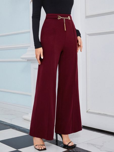 wide leg belted pants with chain d9mn#, Black;white